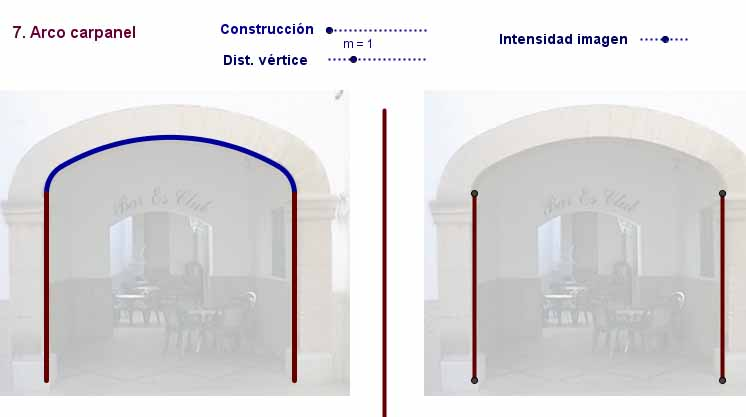 [b]7. Carpanel[/b]. Se dibuja el segmento OA  y situamos un punto P  sobre él. Dibujamos el triángulo equilátero que tiene por base AP, llamamos Q a su vértice superior y trazamos el arco con centro en P que va desde Q hasta A.. Se traza la mediatriz del segmento AB. El arco opuesto se obtiene por simetría respecto de la mediatriz. Llamamos R al punto de intersección de la mediatriz con el lado PQ del triángulo equilátero. Unimos los extremos de los dos arcos con un nuevo arco que tiene por centro R y extremos en los vértices superiores de los triángulos equiláteros.
Cuando P coincide con A tenemos el arco rebajado y cuando coincide con O será un arco de medio punto.