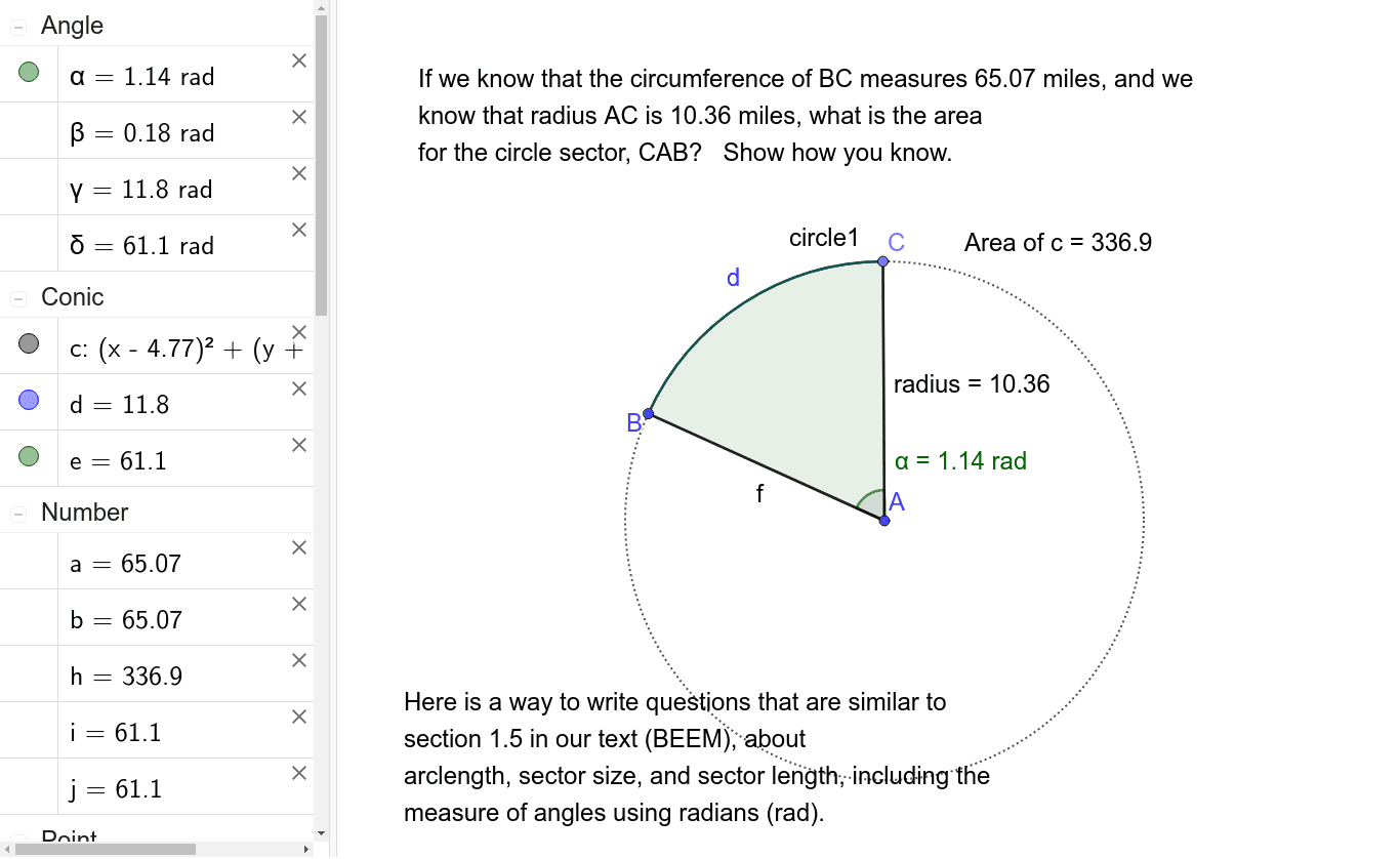 sector area measuring – GeoGebra