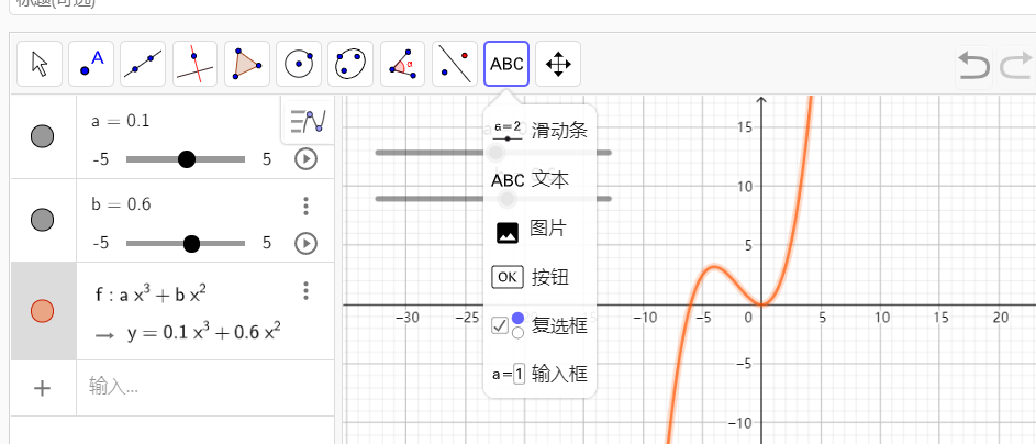 步骤一：单击菜单栏倒数第二个图标，选择文本，然后点击直角坐标系的任意位置