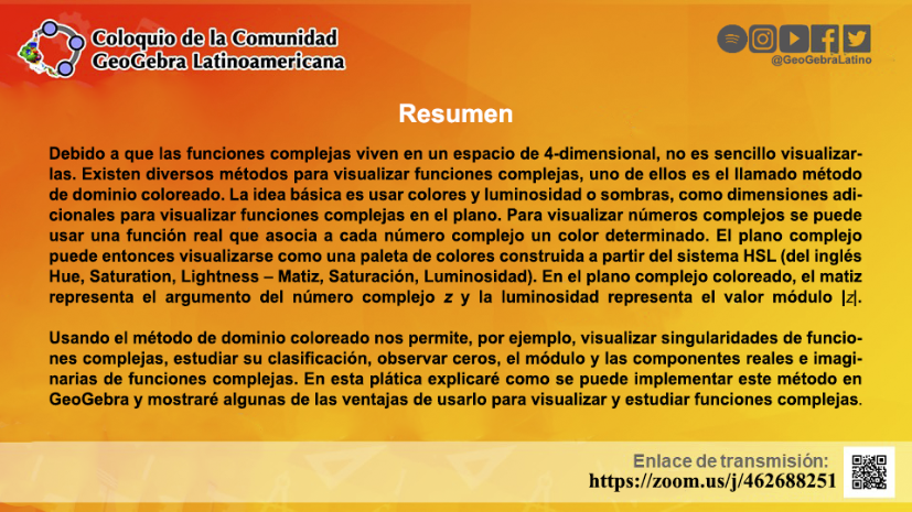 Comunidad GeoGebra Latinoamericana (2019). [i]Sesión 10 [evento de Facebook][/i]. Recuperado de [url=https://www.facebook.com/GeoGebraLatino/photos/a.339391110034298/482820952357979/?type=3&theater]https://www.facebook.com/GeoGebraLatino/photos/a.339391110034298/482820952357979/?type=3&theater[/url]