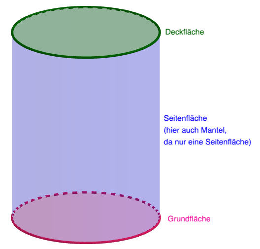 Grund-, Seiten- und Deckfläche am Beispiel des Zylinders