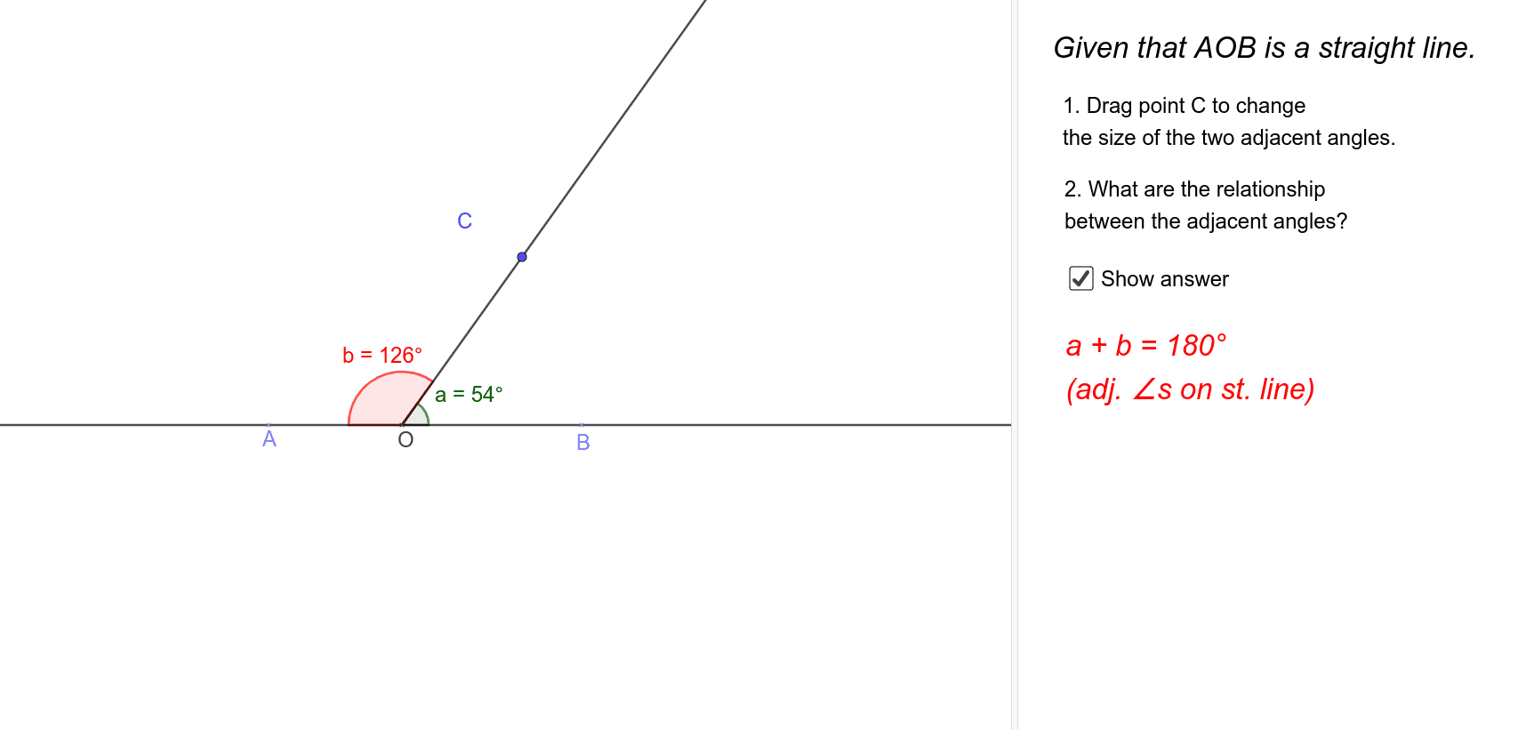 Adjacent Angles on St. Line – GeoGebra