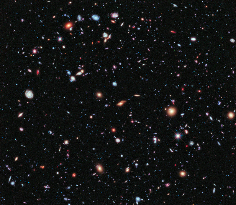 [url=https://commons.wikimedia.org/w/index.php?search=deep+space&title=Special%3ASearch&profile=default&fulltext=1#/media/File:Hubble_ultra_deep_field.jpg]"Hubble Ultra Deep Field"[/url] by  NASA ESA is in the [url=https://wiki.creativecommons.org/Public_domain]Public Domain[/url]
A photograph taken from the Hubble space telescope.  Almost all of the objects depicted are entire galaxies each containing around 100 billion stars!