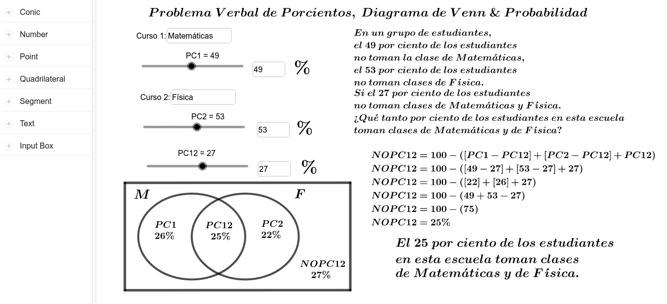 Problema Verbal de Porcientos, Diagrama de Venn & Probabilidad para cursos,  clases o materias si toman clases – GeoGebra