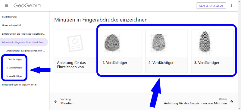 Klicke entweder links in der Übersicht oder rechts auf einen der drei Fingerabdrücke der Verdächtigen, um seinen Fingerabdruck näher zu untersuchen.