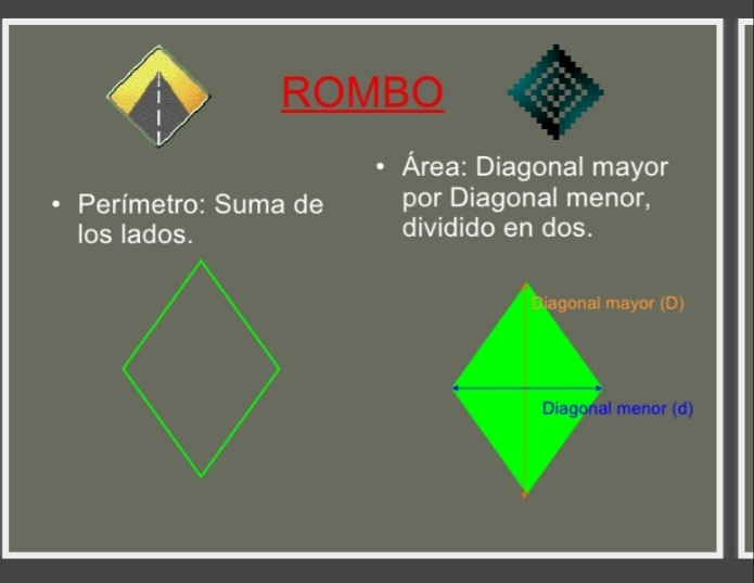 1. mencione características del rombo.
2¿ cuál es la diferencia entre rombo y romboide?