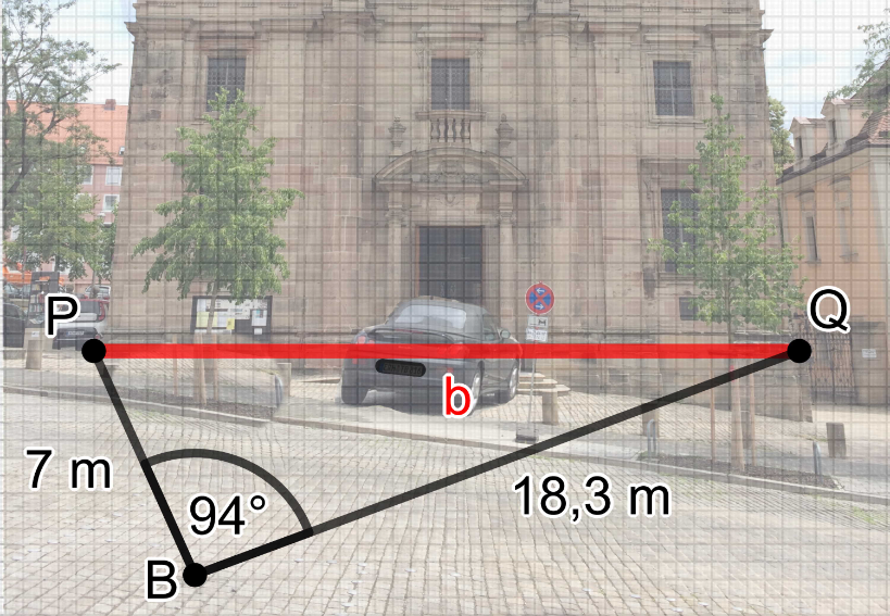 Ein Beobachter peilt die Ecken der Fassade an und misst folgende Werte: