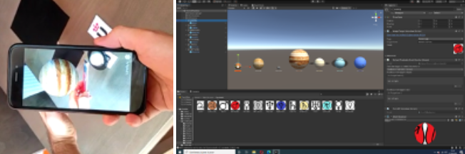 [size=100][left][/left][/size][left][size=100][/size][/left][size=100]Fig. 6. Ejemplo de creación de una aplicación de realidad aumentada ad hoc para la actividad del sistema solar, utilizando el motor Unity 3D[3] con el conjunto de herramientas Vuforia[4]
Fotografías de Carlos Garre[/size]