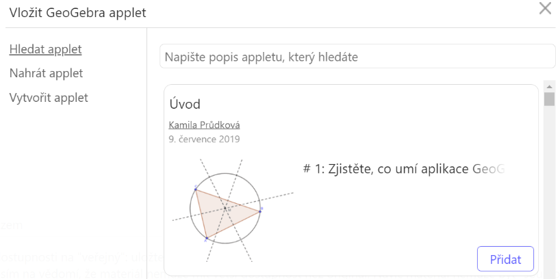 Vyberte nebo vytvořte applet