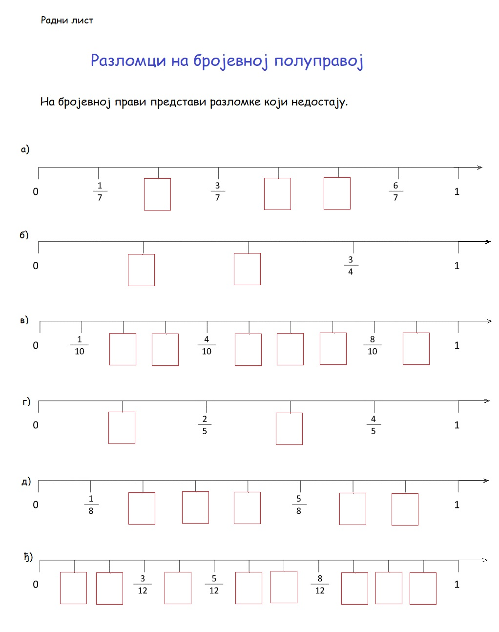 Радни лист је за ученике како би увежбали поређење разломака и придруживање разломака тачкама бројевне полуправе.