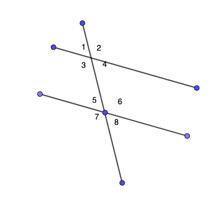 Voici deux segments parallèles coupés par une sécante.  Observe cette figure et répond ensuite à la question qui suit.